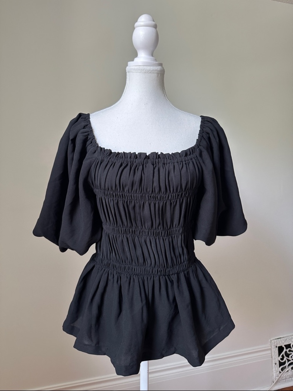 PLEIONE Black Preppy Cottage Smocked Peplum Bubble Sleeve Blouse Size Medium